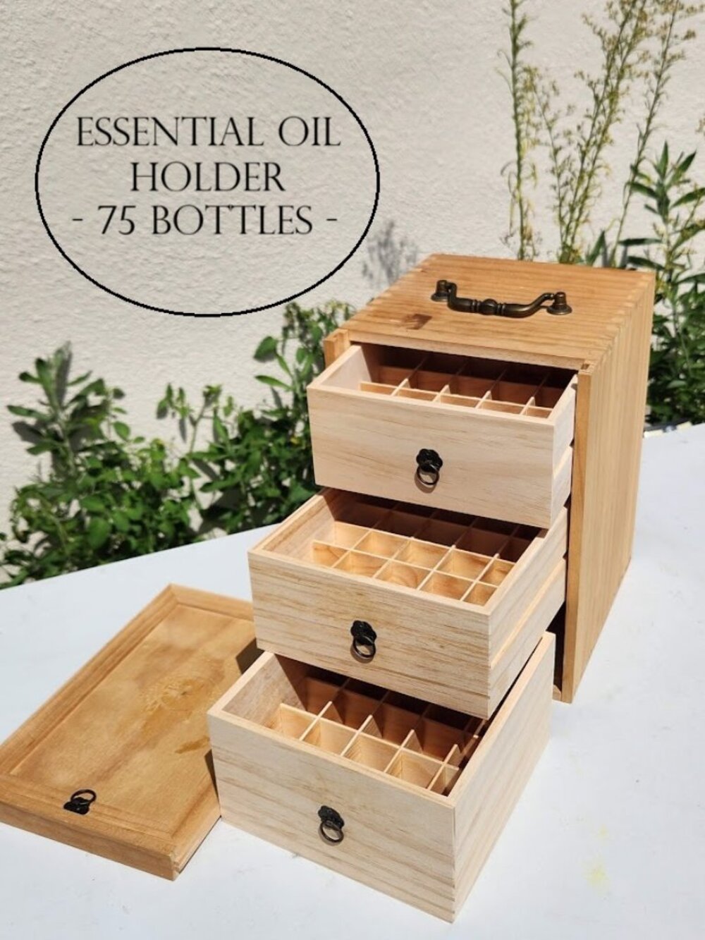 3 Drawer Essential Oil Organizer and Wooden Storage Chest Wellness 75 Bottle Cap